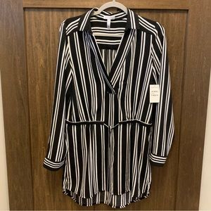 Leith Black Strip Faux Wrap Blouse With Waist Tie